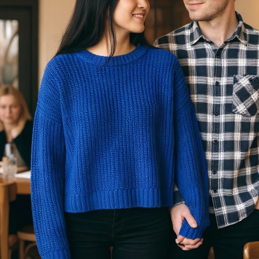 Naadam Chunky Ribbed Wool Cashmere Cropped Crewneck Sweater Cobalt Blue XS